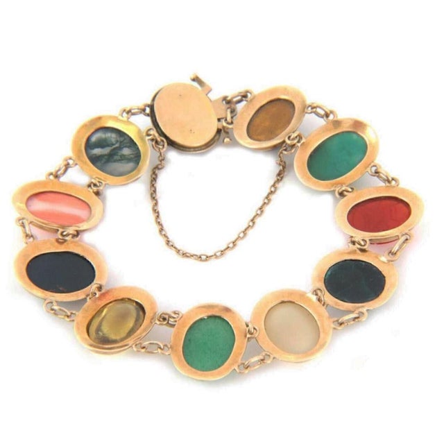 Contemporary Mid 20th Century Cabochon Multicolor Gems 14k Rose Gold Oval Link Chain Bracelet For Sale - Image 3 of 5