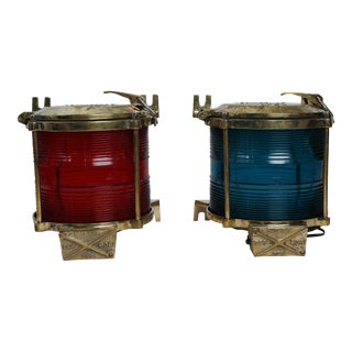 Pair of 1970s Nautical Brass Port and Starboard Sconce or Table Lights With Fresnel Lens For Sale
