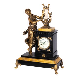 Lady Playing Harp Pendulum Mantel Clock on Marble Base, 1900s For Sale