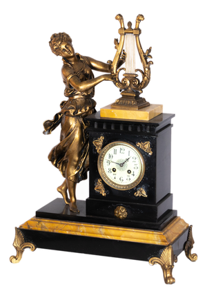 Lady Playing Harp Pendulum Mantel Clock on Marble Base, 1900s
