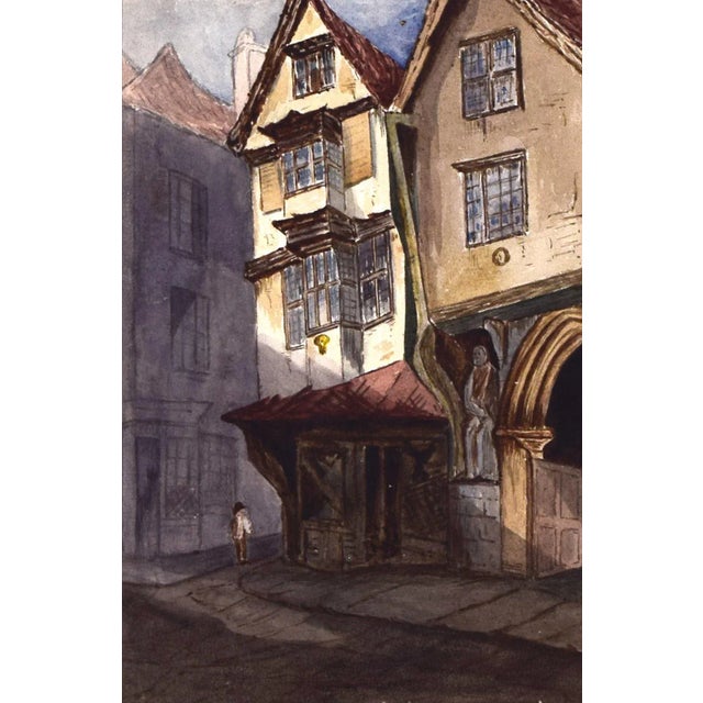 Antique English Watercolor Painting of Tudor House Cityscape Late 19th Century For Sale In New York - Image 6 of 8