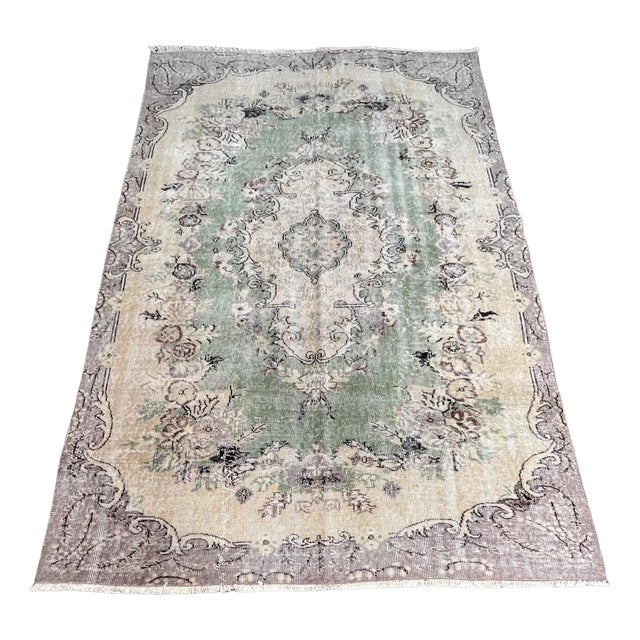 Vintage Green and Beige Yuruk Rug, 1960s For Sale