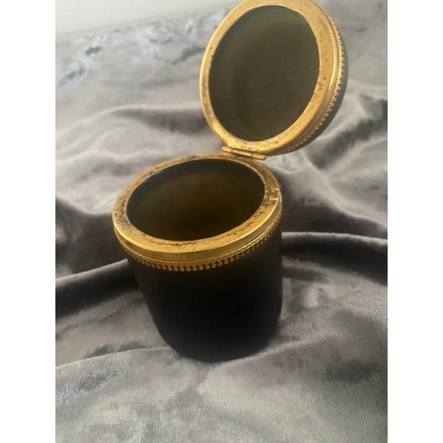 Vintage Cylindrical Black and Brass, Opaque Black Hinged Lid Casket Box For Sale In Boston - Image 6 of 8