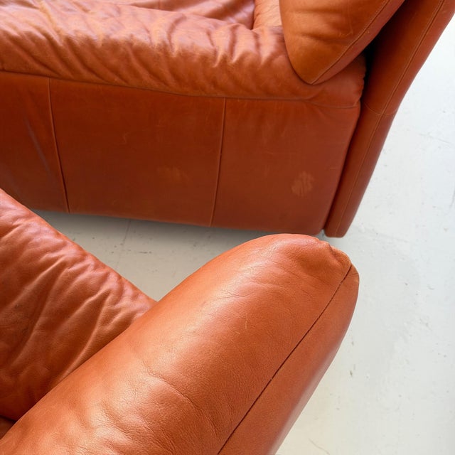 1980s German Orange Leather Lounge Chairs + Ottoman by Dreipunkt For Sale - Image 9 of 11
