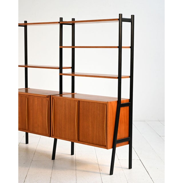 Wood Scandinavian Double Teak Bookcase with Black Uprights, 1960s For Sale - Image 7 of 17