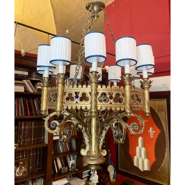 19th Century Italian Neo-Gothic Gilt Bronze and Enameld 12-Ligh Chandelier For Sale - Image 6 of 18