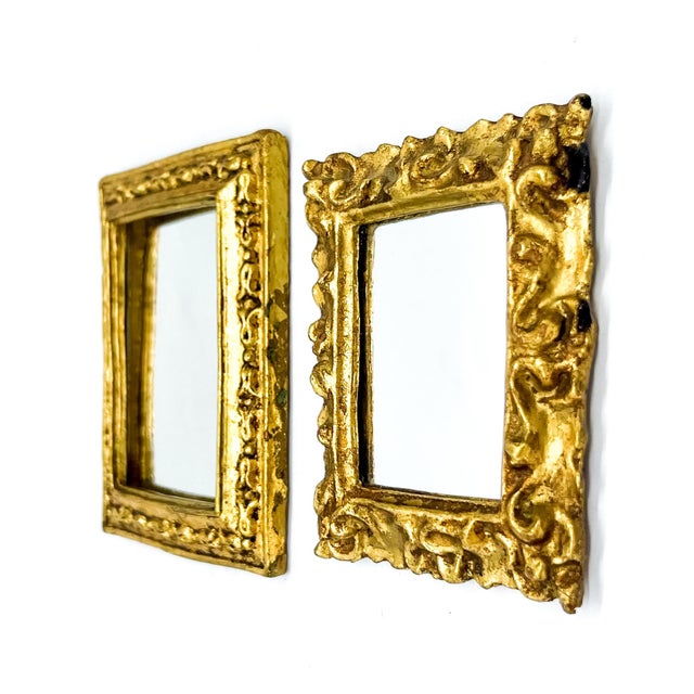 Glass Pair of Vintage Italian Small Gilt Resin Wall Mirrors in Ornate Rococo Frames - Hollywood Regency, Rococo Revival For Sale - Image 7 of 13