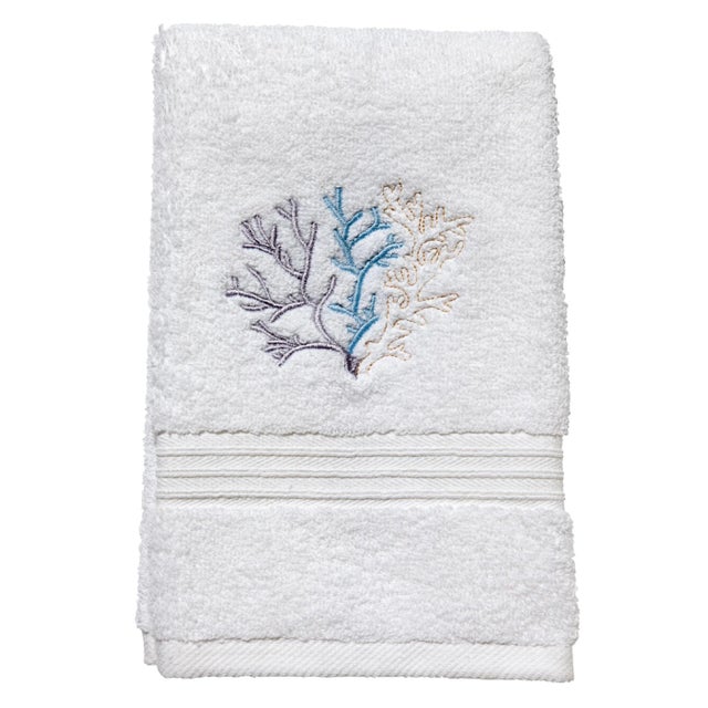 Blue Coral Guest Towelin White Terry, Embroidered For Sale - Image 4 of 6