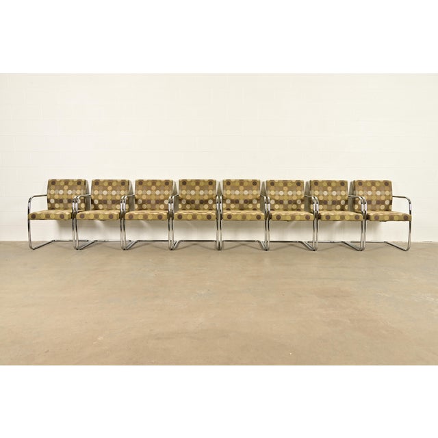 Mid-Century Modern Mies Van Der Rohe Brno Style Mid-Century Modern Chrome Tubular Cantilever Club Chairs, Set of Eight For Sale - Image 3 of 13