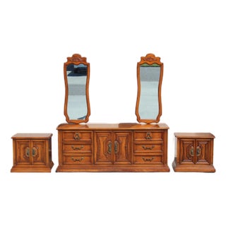 1970s White Fine Furniture Solid Wood Dresser With Two Mirrors & Matching Nightstands – Mid-Century Carved Walnut Bedroom Set For Sale