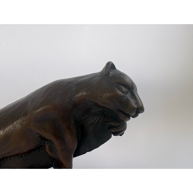 Vintage Bronze Finish Reclining Panther Sculpture on Modernist Base For Sale - Image 4 of 10