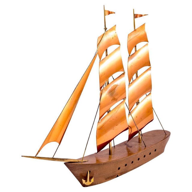 Mid-Century Austrian Sailing Boat Sculpture in Wood & Copper, 1950s For Sale - Image 6 of 6