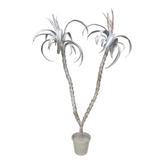 Tole Double Palm Tree in Pot Hand Crafted in Italy 1960 - Silver on Aged Bronze Patina For Sale