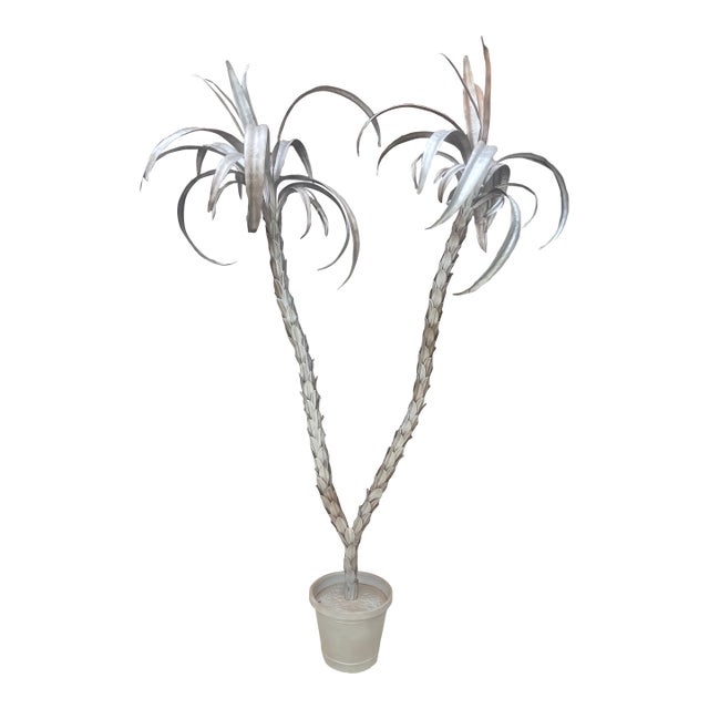 Tole Double Palm Tree in Pot Hand Crafted in Italy 1960 - Silver on Aged Bronze Patina For Sale
