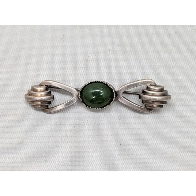 Metal Vintage 1937 Signed Monet Silvertone Cabochon Faux-Jade Bar Brooch For Sale - Image 7 of 9