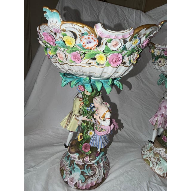 Late 19th Century Monumental Pair of Meissen Rococo Figural Compotes With Applied Floral Garlands, Circa 1900 For Sale - Image 5 of 15