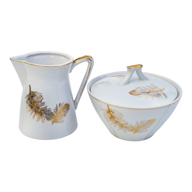 Mid 20th Century Golden-Leaf Pattern Sugar & Creamer - Set of 2 For Sale