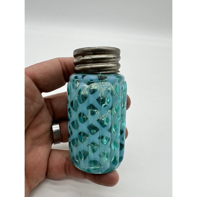 Antique Blue Lattice Blown Glass Salt or Pepper Shaker by Northwood, Circa 1890-1910's For Sale - Image 9 of 9