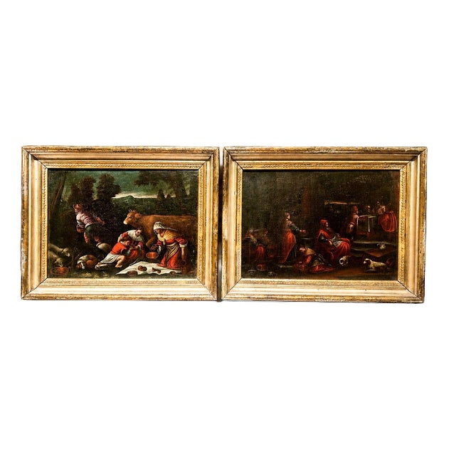 Circle of Bassano School, Figurative Composition, Oil Painting on Canvas, Set of 2 For Sale