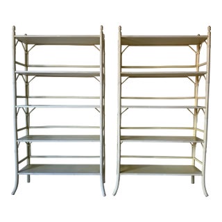 Vintage Coastal Faux Bamboo and Rattan Five-Tier Étagère Shelving Units – A Pair For Sale