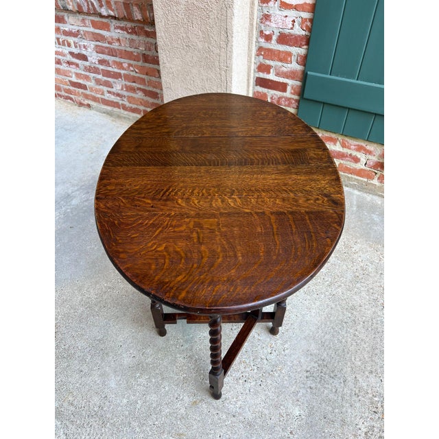 Brown Antique English Petite Drop Leaf Table Barley Twist Gateleg Tiger Oak C1920 For Sale - Image 8 of 18