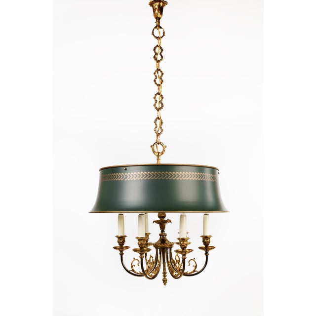 1960s Spanish Louis XVI Style Hunter Green Bouillotte 6-Light Chandelier For Sale - Image 4 of 16