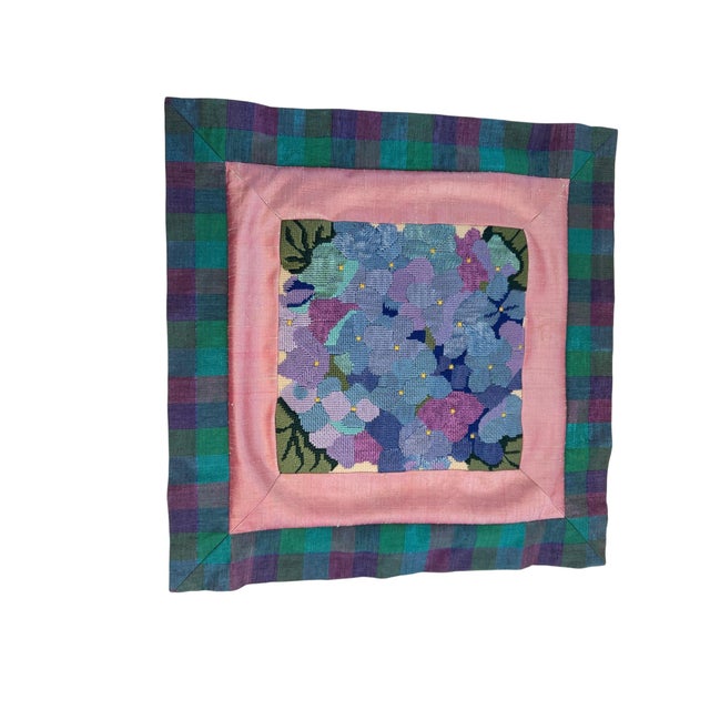 Needlepoint Hydrangea Pillow Cover Fits 12" Form Blue Purple Green Handmade Excellent Pre-Owned Condition - No Flaws -...