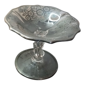 1940s Cambridge Glass Rose Pointe Silver Overlay Pedestal Compote