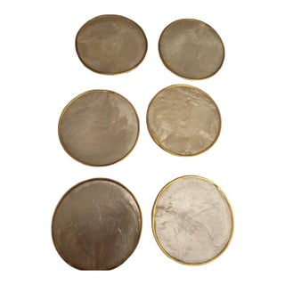 Vintage Capiz Shell & Brass Coasters – Set of 6 Coastal Hollywood Regency Drink Coasters For Sale