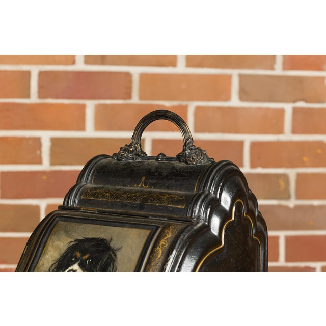 English Victorian Period 1880s Black Coal Box with Hand-Painted Dog Motif For Sale - Image 4 of 12