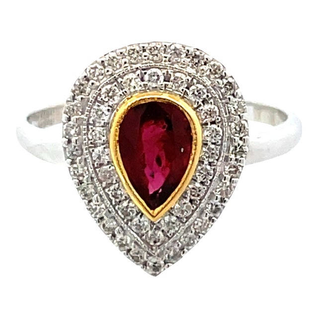 18k Gold Ring With 0.88ct Pear-Cut No Heat Certified Ruby & Diamonds Size 7.5 For Sale
