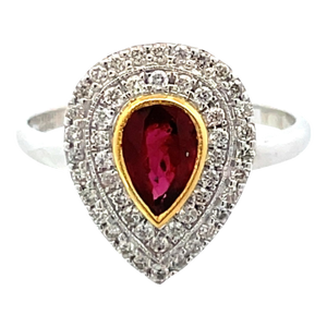18k Gold Ring With 0.88ct Pear-Cut No Heat Certified Ruby & Diamonds Size 7.5