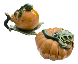 Antique Asian Glazed Ceramic Alter Fruit, Lemon and Melon - Pair