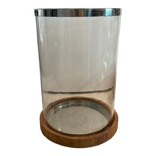 Gorgeous Retired Arteriors Home Milena Glass Hurricane With Wood Base & Polished Stainless Accents For Sale