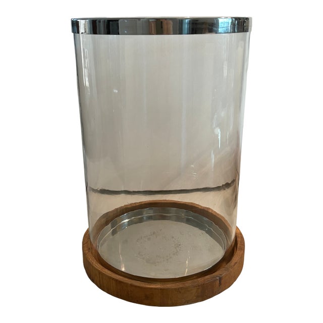 Gorgeous Retired Arteriors Home Milena Glass Hurricane With Wood Base & Polished Stainless Accents For Sale