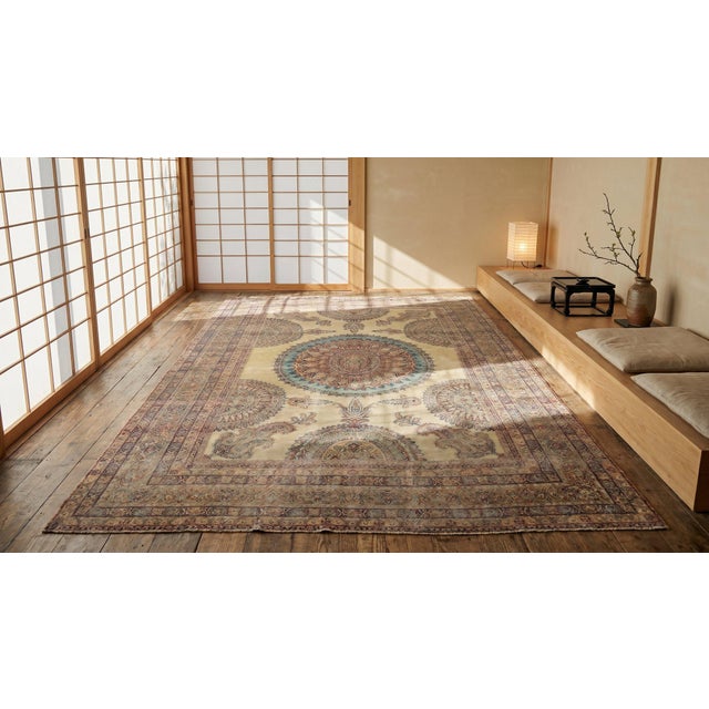 Amazing Tan-Ecru Background Color Medallion Design Antique Persian Kirman Laver Rug For Sale - Image 15 of 15