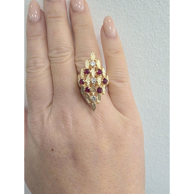 1970s Vintage 14k Gold 1 Carat Ruby and Diamond Brutalist Navette Cock Ring, Size 7 For Sale - Image 5 of 7