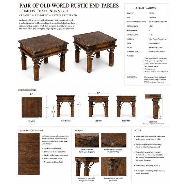 Mission Late 20th Century Pair of Old-World Rustic Hacienda End Tables — Solid Wood & Forged Iron — Restored Finish With Patina Preserved For Sale - Image 3 of 4