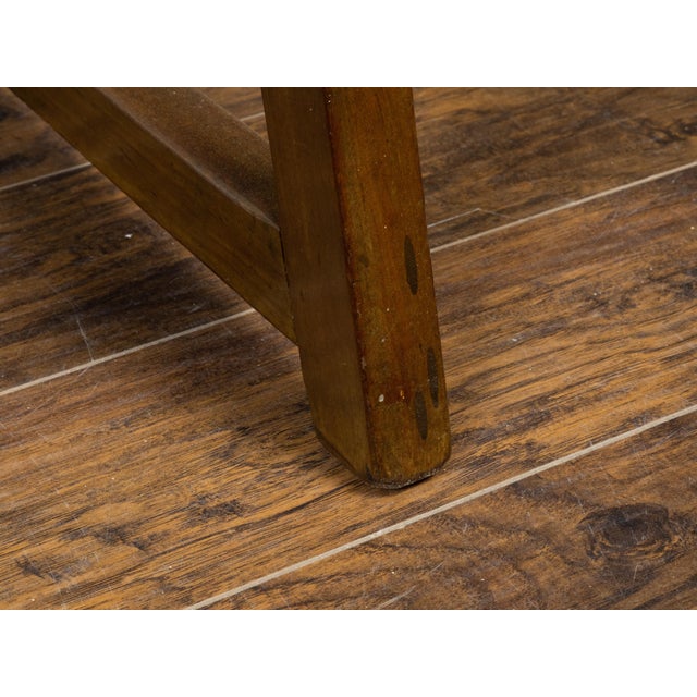 French 19th Century Walnut Console Table with Trestle Base and Iron Stretchers For Sale - Image 4 of 12