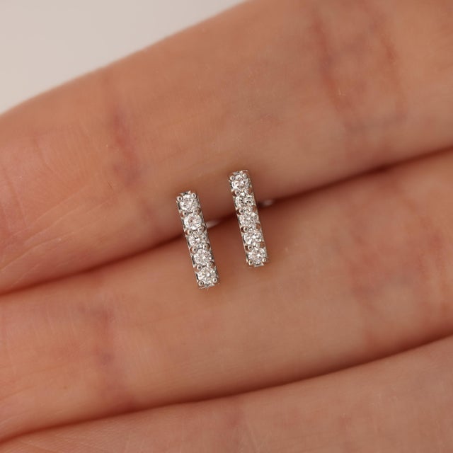White Pave Natural Diamond Flush Bar 14k Stud Earring, A Pair For Sale - Image 8 of 11