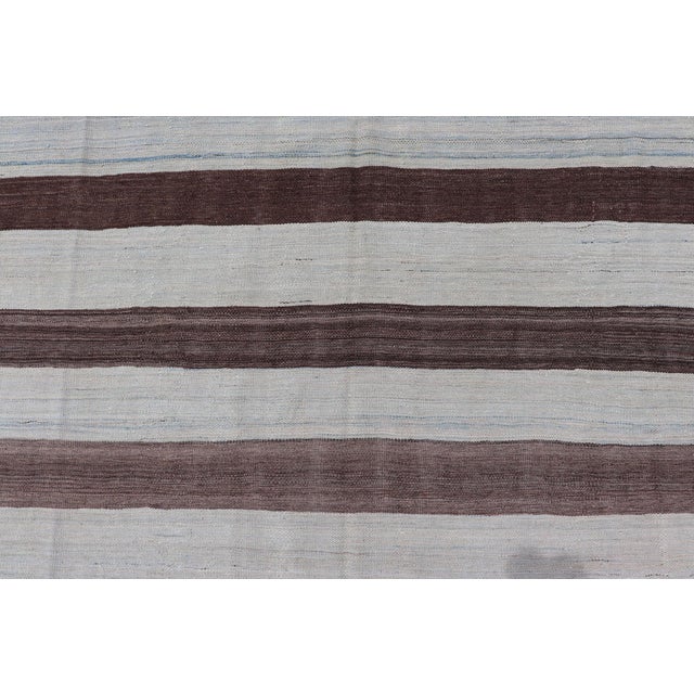 Modern Kilim Hand Woven Casual Rug With Stripes in Shades of Blue and Brown 8'6 X 12'6 For Sale - Image 9 of 13