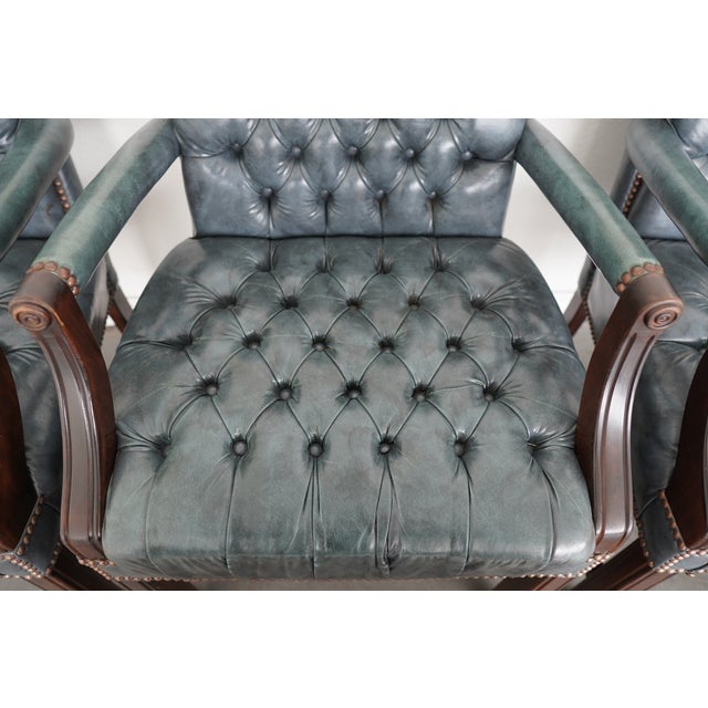 Wood Late 20th Century Attributed to Hickory Leather Co. Capital Arm Chair (Set of 4) For Sale - Image 7 of 11