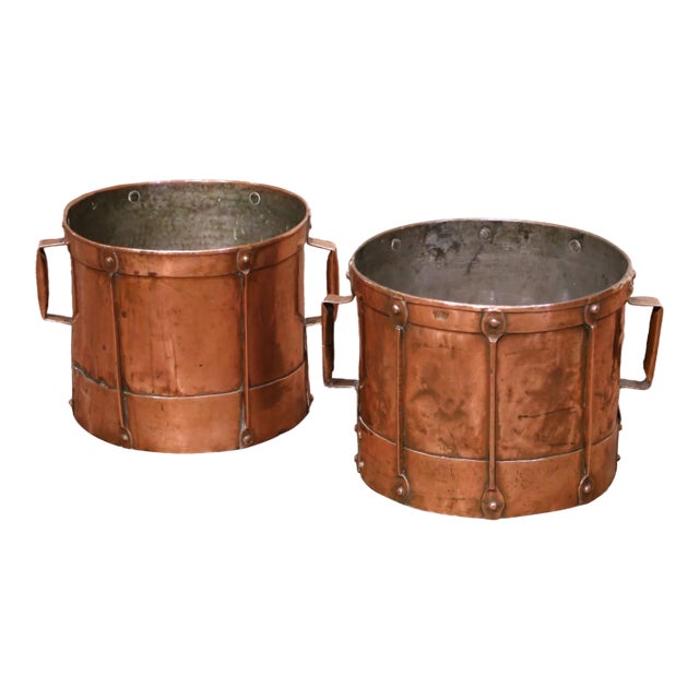 Pair of 19th Century French Copper Grain Measure Buckets With Side Handles For Sale