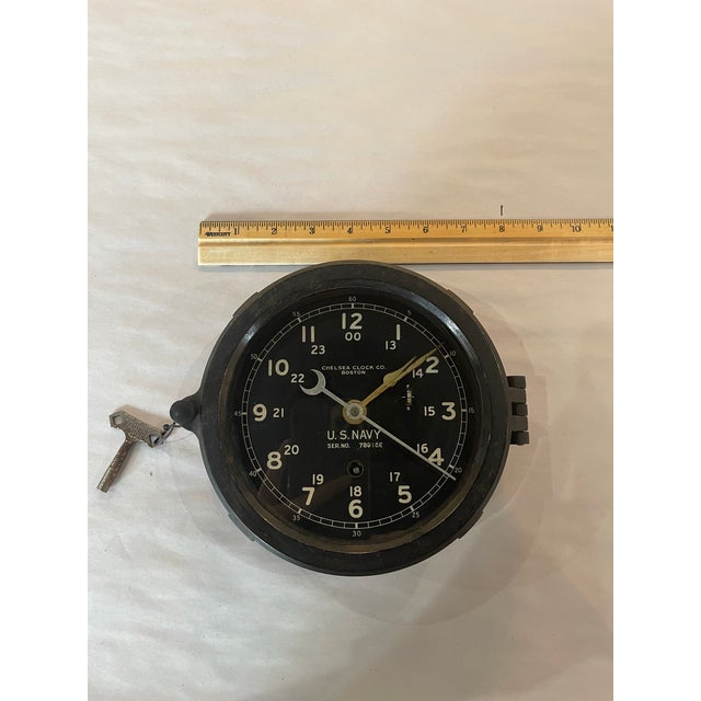 Plastic Authentic Wwii Chelsea Clock Co. u.s. Navy Deck Clock in Original Bakelite Case With Key For Sale - Image 7 of 10