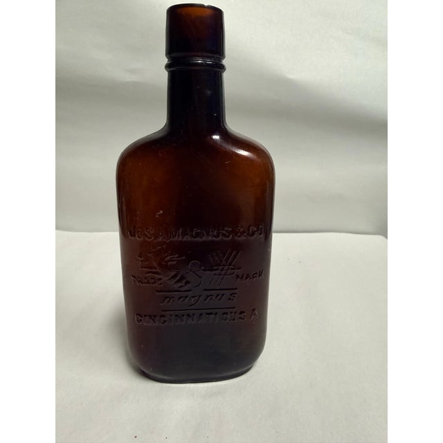 Glass Antique j.c.s. Magnus & Co. Amber Glass Whiskey Bottle Flask For Sale - Image 7 of 10