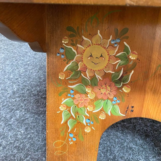 Vintage Danish Style Handcrafted Folk Art Wood Bench With Hand Painted Designs For Sale - Image 9 of 14