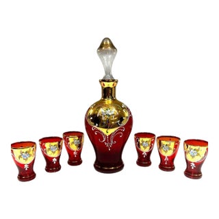 Vintage Bohemian Ruby Red Glass Gold Floral Decanter and 6 Cordial Glasses - 7 pcs For Sale