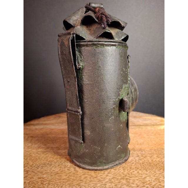 Dark Green Antique Tin Bullseye Candle Lantern Crimped Top Green Painted Belt Lamp For Sale - Image 8 of 18