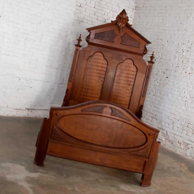Antique Victorian Full Size Bed Tall Lincoln Style Walnut & Burl Walnut Hand Carved For Sale - Image 4 of 13