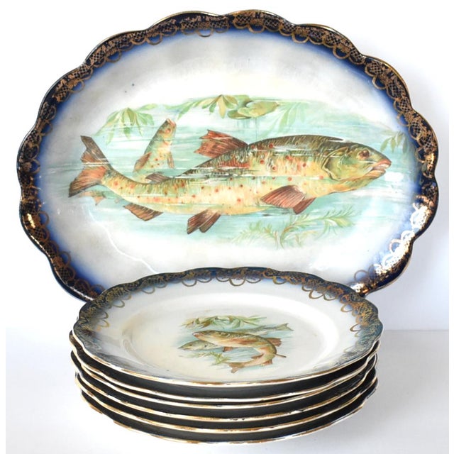 Antique Flow Blue Fish Plates and Platter 7Piece Set Chairish